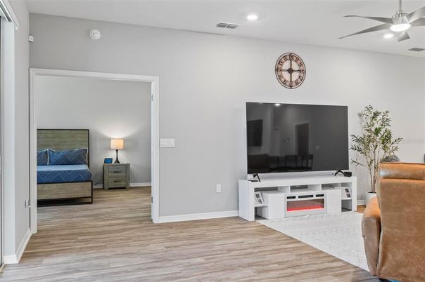 Bedroom, Interior, Recessed Lighting, Wood Texture Flooring