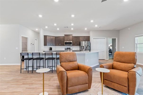 Interior, Kitchen, Living room, Recessed Lighting, Stainless Steel Appliances, Wood Texture Flooring