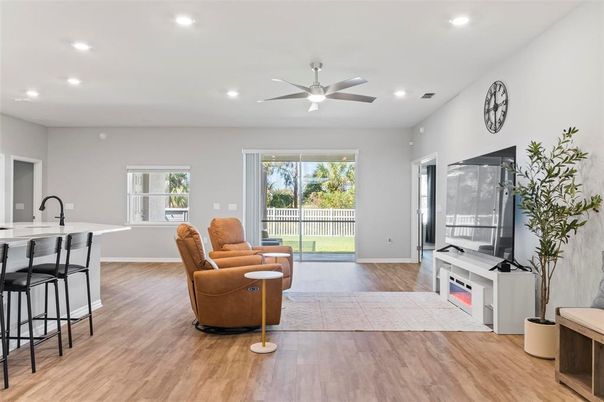 Interior, Kitchen, Living room, Recessed Lighting, Wood Texture Flooring