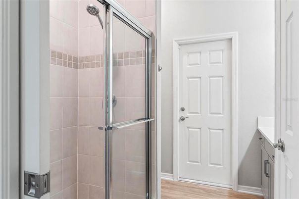 Bathroom, Glass Shower, Interior, Wood Texture Flooring