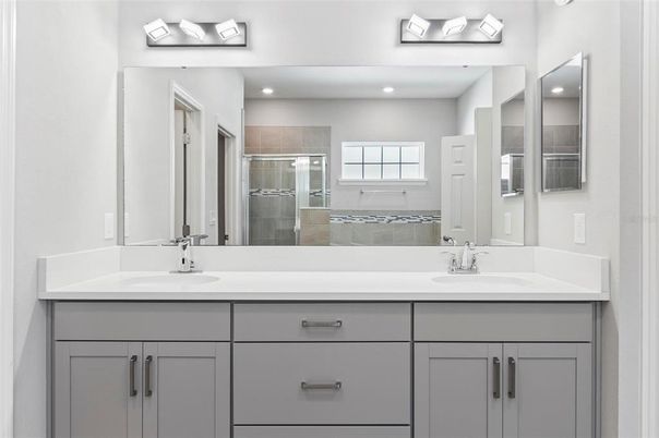 Bathroom, Dual Sink Vanities, Glass Shower, Interior, Recessed Lighting