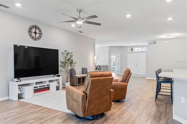Interior, Living room, Recessed Lighting, Wood Texture Flooring