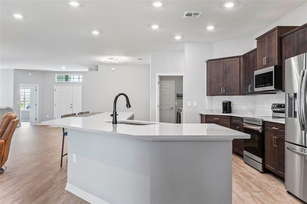 Interior, Kitchen, Recessed Lighting, Stainless Steel Appliances, Wood Texture Flooring