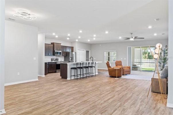 Interior, Kitchen, Living room, Recessed Lighting, Stainless Steel Appliances, Wood Texture Flooring