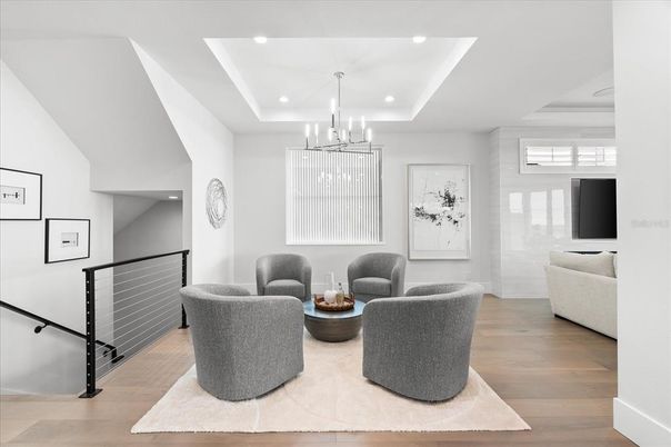 Chandelier, Dining room, Interior, Recessed Lighting, Wood Texture Flooring