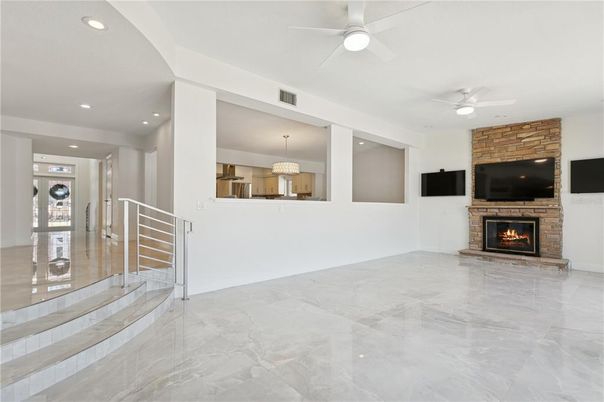 Chandelier, Empty room, Fireplace, Interior, Marble, Recessed Lighting