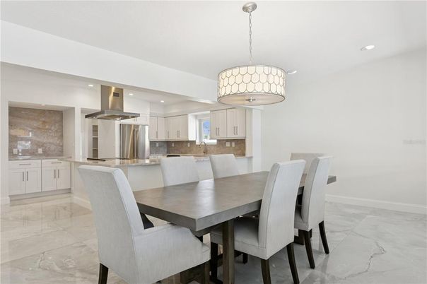 Dining room, Interior, Kitchen, Marble, Pendant Lights, Recessed Lighting, Stainless Steel Appliances