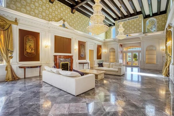 Chandelier, Fireplace, Interior, Living room, Marble, Wooden Beams
