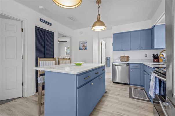 Interior, Kitchen, Pendant Lights, Stainless Steel Appliances, Wood Texture Flooring
