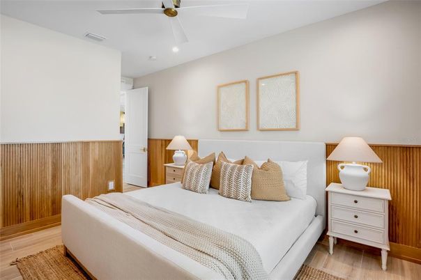 Bedroom, Interior, Recessed Lighting, Wood Texture Flooring
