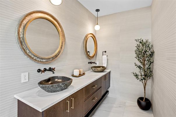 Bathroom, Dual Sink Vanities, Interior, Marble, Pendant Lights