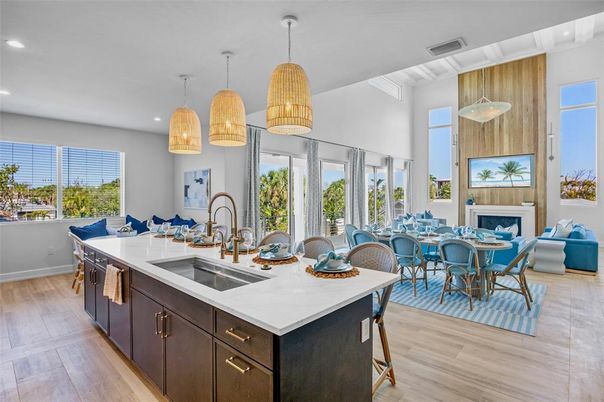 Dining room, Fireplace, Interior, Kitchen, Living room, Pendant Lights, Recessed Lighting, Wood Texture Flooring