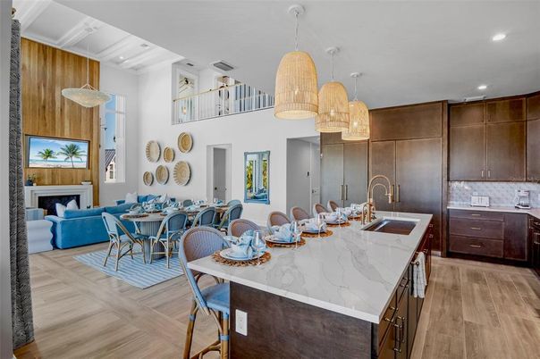 Dining room, Fireplace, Interior, Kitchen, Living room, Pendant Lights, Recessed Lighting, Wood Texture Flooring