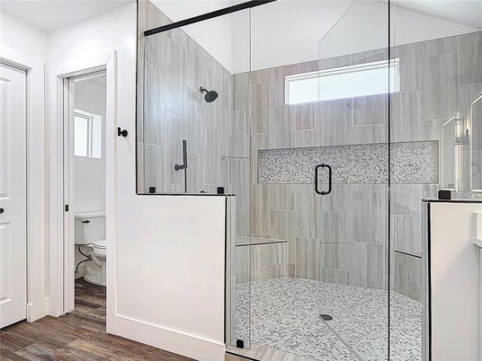 Bathroom, Glass Shower, Interior, Wood Texture Flooring