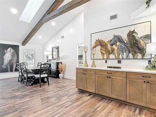 Dining room, Interior, Recessed Lighting, Wooden Beams, Wood Texture Flooring
