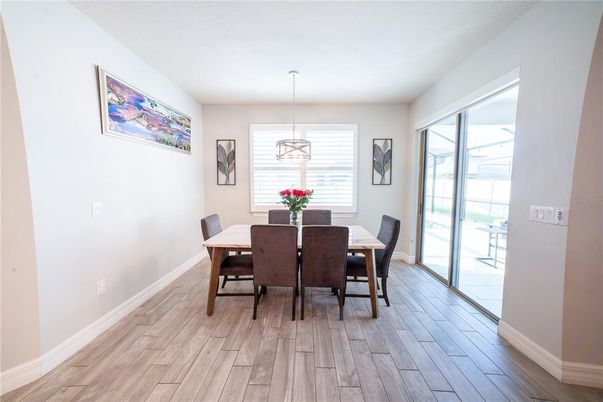 Dining room, Interior, Pendant Lights, Wood Texture Flooring