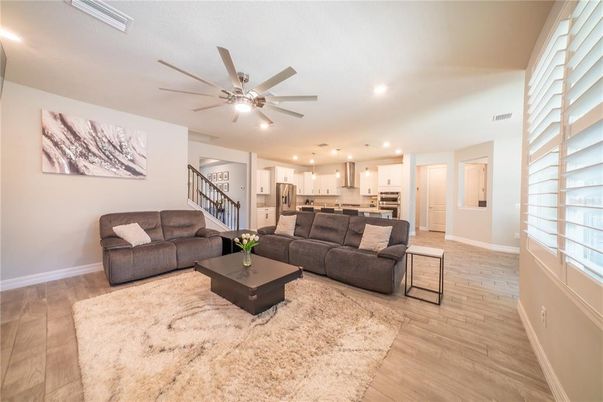 Interior, Kitchen, Living room, Pendant Lights, Recessed Lighting, Stainless Steel Appliances, Wood Texture Flooring