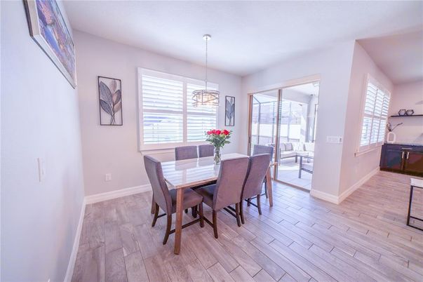 Dining room, Interior, Pendant Lights, Wood Texture Flooring