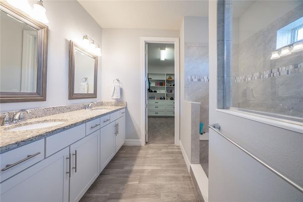 Bathroom, Dual Sink Vanities, Interior, Walk-in Closets, Wood Texture Flooring