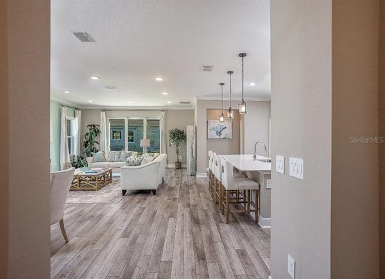 Dining room, Interior, Living room, Pendant Lights, Recessed Lighting, Wood Texture Flooring
