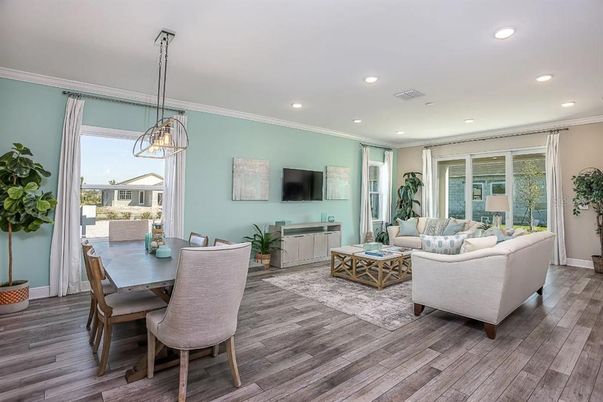 Dining room, Interior, Living room, Pendant Lights, Recessed Lighting, Wood Texture Flooring