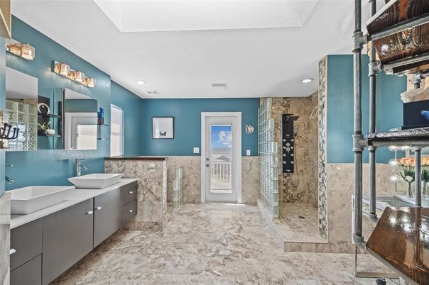 Bathroom, Dual Sink Vanities, Glass Shower, Interior, Marble, Recessed Lighting