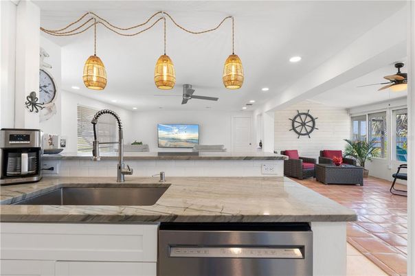 Interior, Kitchen, Living room, Pendant Lights, Recessed Lighting, Stone Walls