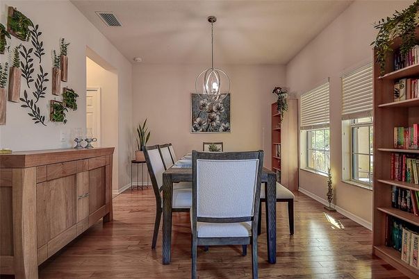 Dining room, Interior, Pendant Lights, Wood Texture Flooring