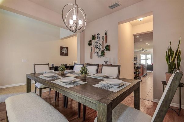 Dining room, Interior, Pendant Lights, Wood Texture Flooring