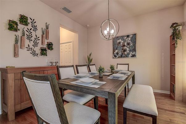 Dining room, Interior, Pendant Lights, Wood Texture Flooring