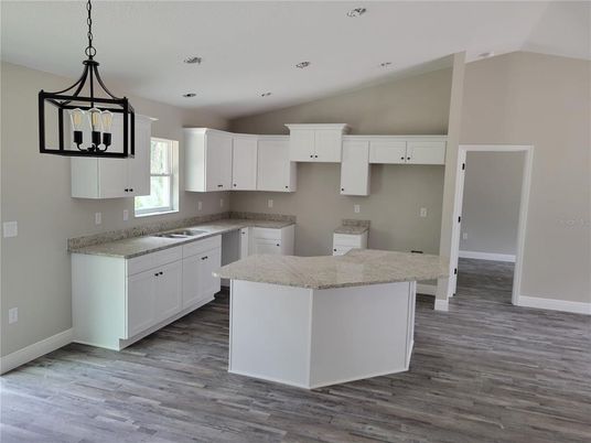 Interior, Kitchen, Pendant Lights, Recessed Lighting, Wood Texture Flooring