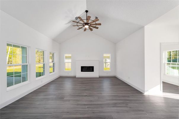 Empty room, Fireplace, Interior, Pendant Lights, Wood Texture Flooring