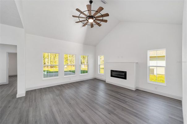 Empty room, Fireplace, Interior, Pendant Lights, Wood Texture Flooring
