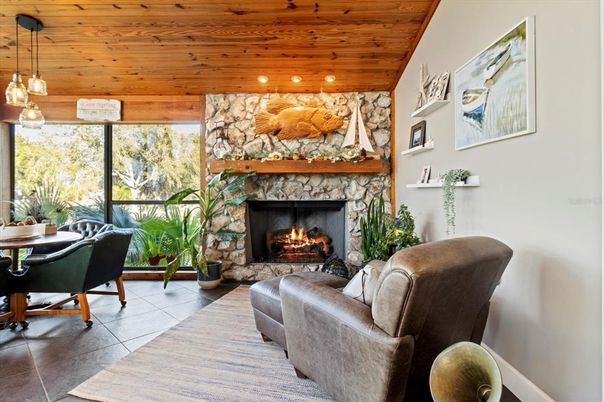 Fireplace, Interior, Living room, Pendant Lights, Recessed Lighting, Stone Walls, Wooden Ceilings