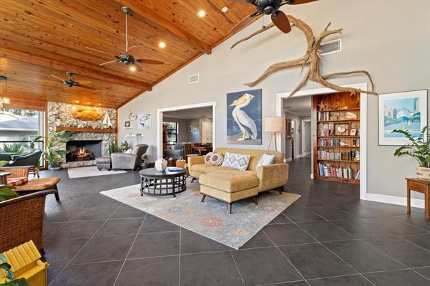 Fireplace, Interior, Living room, Recessed Lighting, Wooden Ceilings