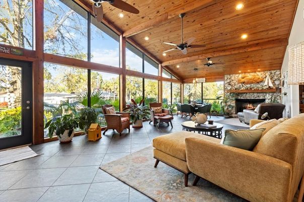 Fireplace, Interior, Living room, Recessed Lighting, Sun Room, Wooden Ceilings