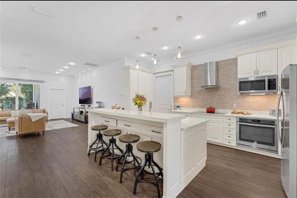 Interior, Kitchen, Living room, Pendant Lights, Recessed Lighting, Stainless Steel Appliances, Wood Texture Flooring