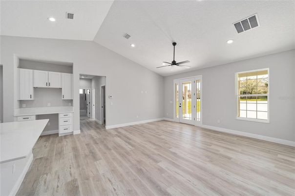 Empty room, Interior, Kitchen, Recessed Lighting, Wood Texture Flooring