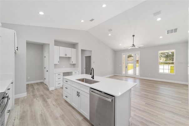 Interior, Kitchen, Recessed Lighting, Wood Texture Flooring