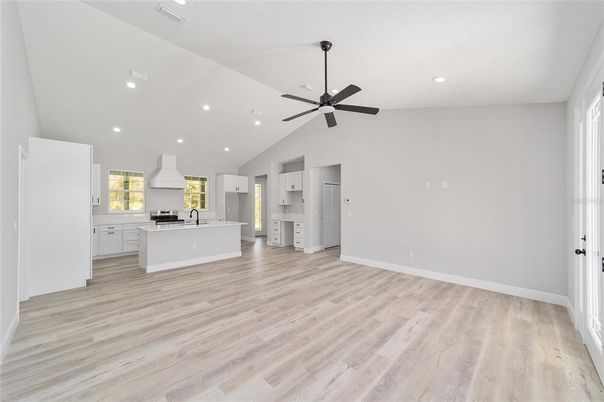 Empty room, Interior, Kitchen, Recessed Lighting, Wood Texture Flooring