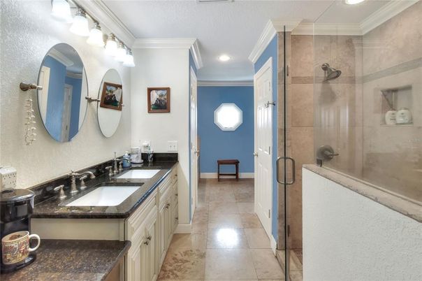 Bathroom, Dual Sink Vanities, Glass Shower, Interior, Recessed Lighting