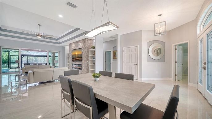 Dining room, Fireplace, Interior, Living room, Pendant Lights, Recessed Lighting