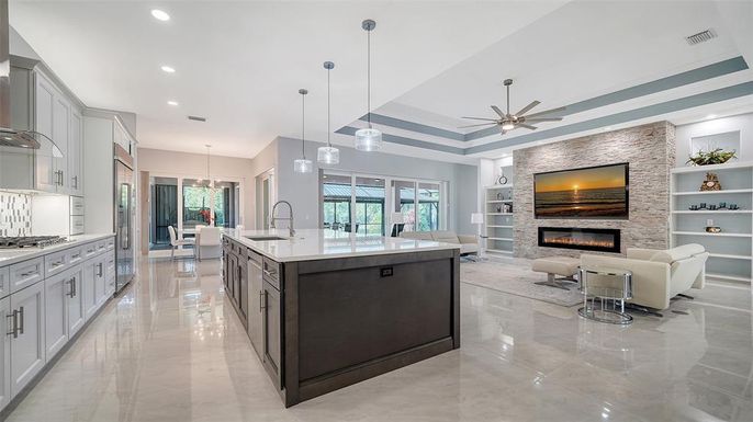 Fireplace, Interior, Kitchen, Living room, Pendant Lights, Recessed Lighting, Stone Walls