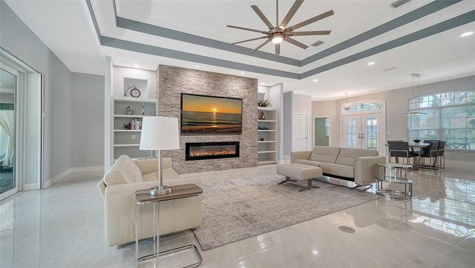 Dining room, Fireplace, Interior, Living room, Pendant Lights, Recessed Lighting, Stone Walls