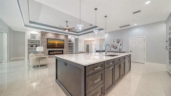 Fireplace, Interior, Kitchen, Living room, Pendant Lights, Recessed Lighting, Stone Walls