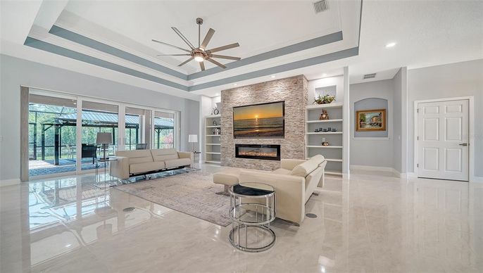 Fireplace, Interior, Living room, Recessed Lighting, Stone Walls