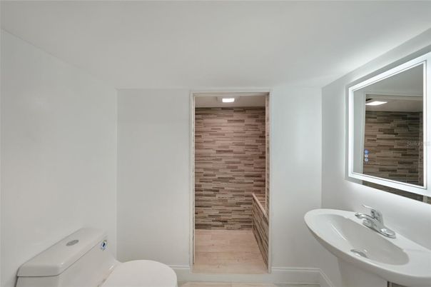 Bathroom, Interior, Recessed Lighting, Wood Texture Flooring