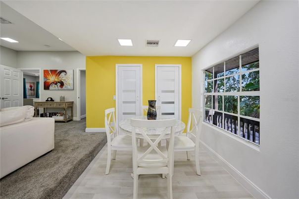 Dining room, Interior, Recessed Lighting, Wood Texture Flooring