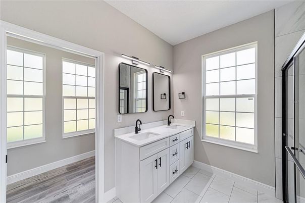 Bathroom, Dual Sink Vanities, Interior, Marble, Wood Texture Flooring