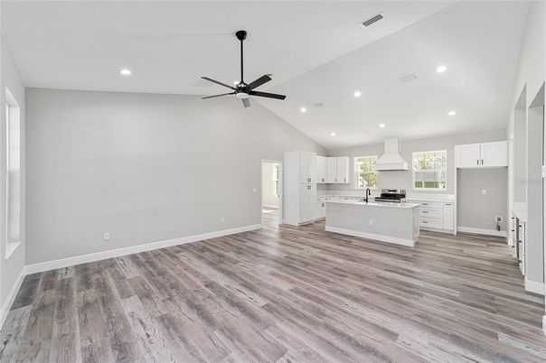 Empty room, Interior, Kitchen, Recessed Lighting, Wood Texture Flooring